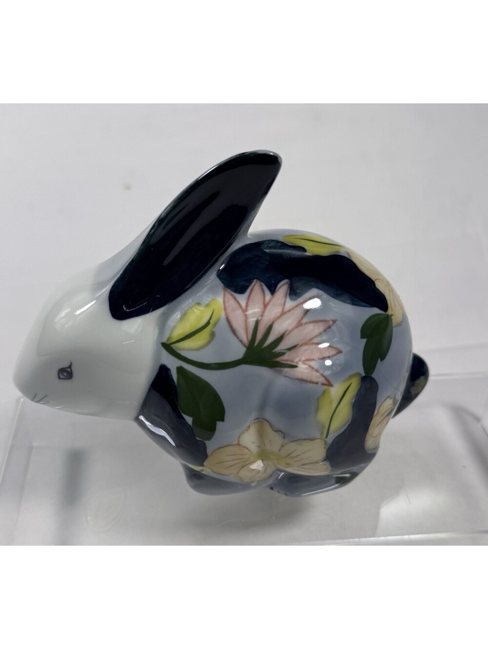 Andrea by Sadek Rabbit Porcelain Hand Painted Bunny Yellow Link Blue Flowers